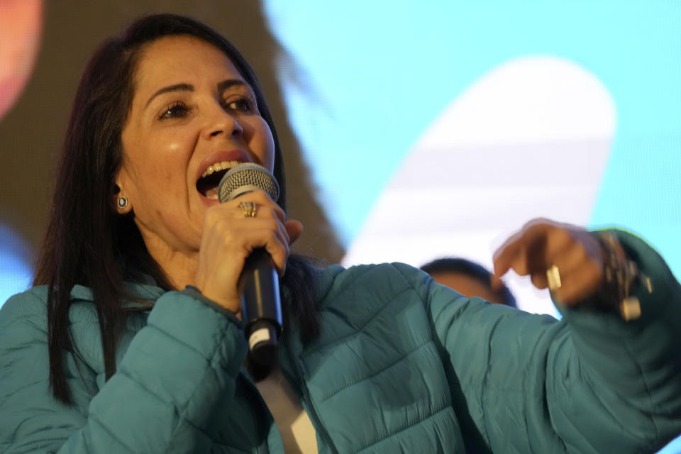 Candidate Luisa González concedes the presidential race to her opponent Daniel Noboa, as she speaks from the Hilton Hotel in Quito, Ecuador, Sunday, Oct. 15, 2023. (AP Photo/Dolores Ochoa)