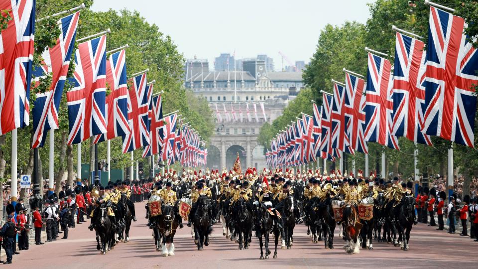 LONDON, ENGLAND - JUNE 17: Troops advance down the Mall during Trooping the Colour on June 17, 2023 in London, England. Trooping the Colour is a traditional parade held to mark the British Sovereign's official birthday. It will be the first Trooping the Colour held for King Charles III since he ascended to the throne. (Photo by Chris Jackson/Getty Images)