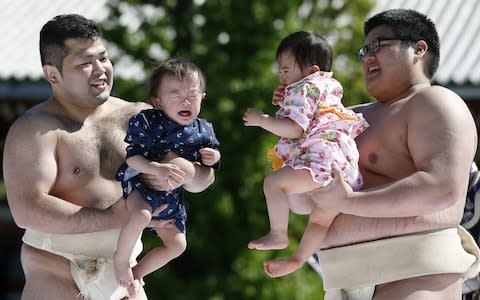 Babies, held by sumo wrestlers, cry during the Nakizumo or crying baby sumo contest at Sensoji Temple in Tokyo - Credit: Getty