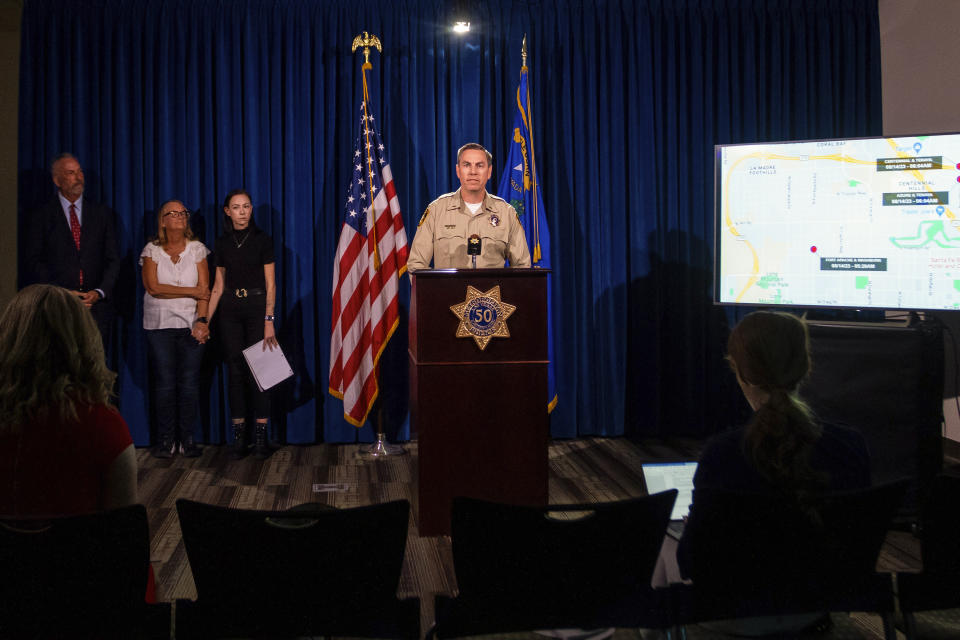 FILE - Las Vegas police Lt. Jason Johansson speaks during a news conference about a series of hit-and run-crashes Tuesday, Sept. 19, 2023, in Las Vegas. Two teenagers made very brief initial appearances Thursday, Sept. 21, in adult court in Las Vegas where a prosecutor said they will face murder, attempted murder and other charges after allegedly capturing themselves on video intentionally crashing a stolen car into a bicyclist pedaling along the side of a road — killing him. (AP Photo/Ty ONeil, File)