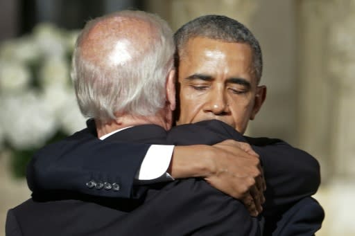 US President Barack Obama and Vice President Joe Biden at the funeral service for Biden's son Beau