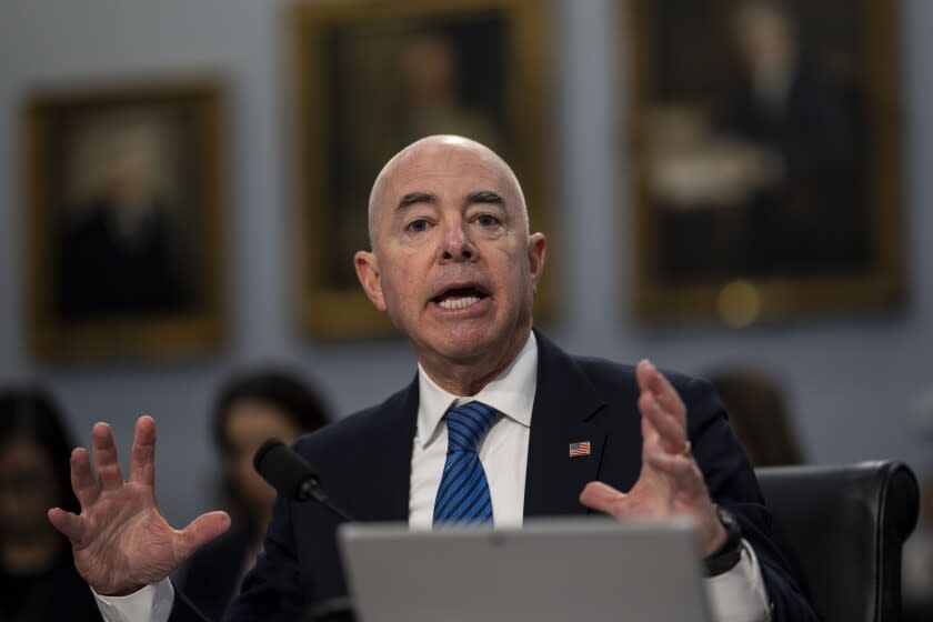 WASHINGTON, DC - APRIL 27: Secretary of Homeland Security Alejandro Mayorkas testifies during the House Appropriations Homeland Security Subcommittee hearing titled FY2023 Budget Request for the Department of Homeland Security on Capitol Hill on April 27, 2022 in Washington, DC. (Kent Nishimura / Los Angeles Times)