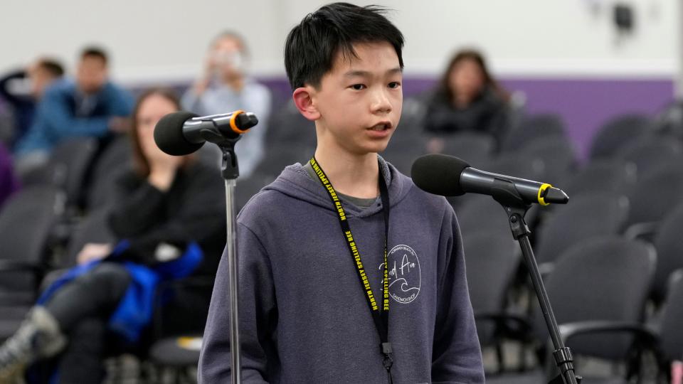 (image for video) Lucas Ke, of Upper School, in Englewood Cliffs, spells the word bariolage, to win the North Jersey Spelling Bee, at Bergen County Community College, in Paramus.   The eighth-grader was the best speller in the field of 55 Bergen County students. Tuesday, March 14, 2023