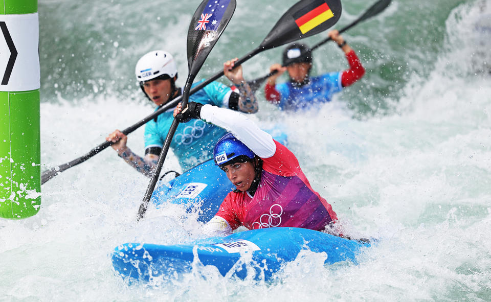 Jessica Fox, pictured here in the kayak cross at the Paris Olympics.