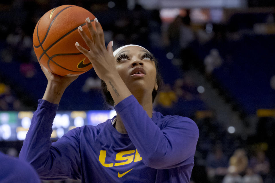 LSU forward Angel Reese warms up before an NCAA basketball game against Mississippi Valley State on Sunday, Nov. 12, 2023 in Baton Rouge, La. (AP Photo/Matthew Hinton)