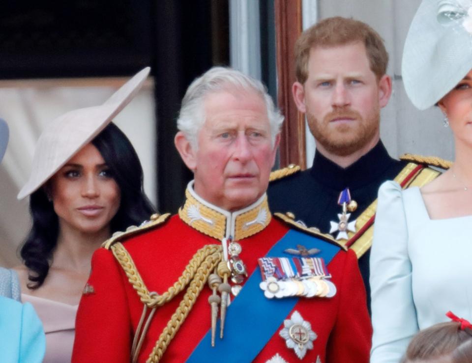 Meghan Markle, King Charles and Prince Harry at the Trooping the Colour ceremony in 2018. Getty Images