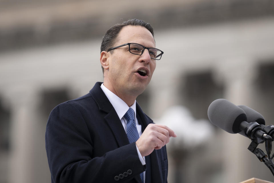 Democratic Gov. Josh Shapiro speaks after taking the oath of office to become Pennsylvania's 48th governor, Tuesday, Jan. 17, 2023, at the state Capitol in Harrisburg, Pa. (AP Photo/Matt Rourke)