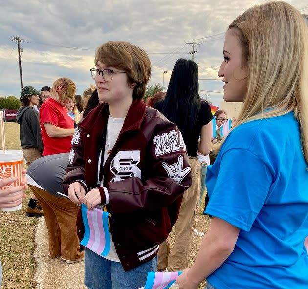 Max Hightower stands with his sister Gracie outside the Sherman Independent School District board meeting on Nov. 13, 2023.