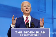 Democratic presidential candidate former Vice President Joe Biden speaks about coronavirus at The Queen theater, Friday, Oct. 23, 2020, in Wilmington, Del. (AP Photo/Andrew Harnik)