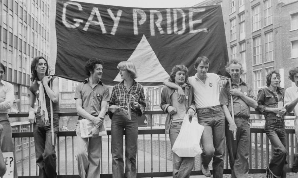 A 1977 Gay Pride demonstration at the Old Bailey, in occasion of the start of the prosecution alleging blasphemous libel brought by Mary Whitehouse against the homosexual newspaper Gay News.