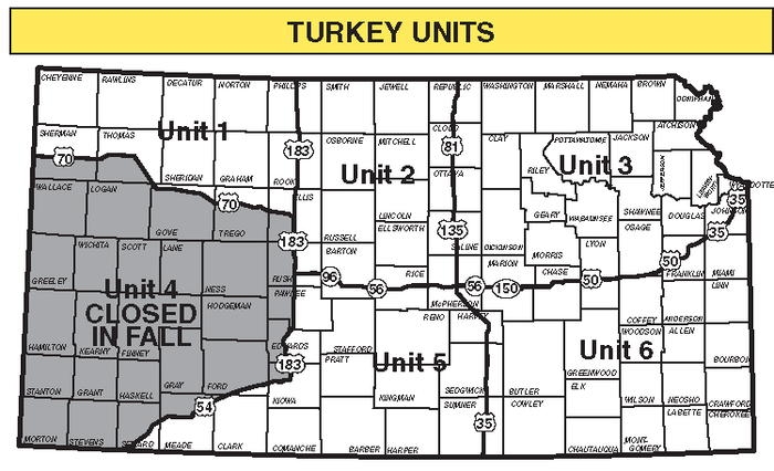 The Kansas Department of Wildlife and Parks maintains these six specific "turkey units" statewide, with each geographic area generally being under different rules from the others for the hunting of that game bird.