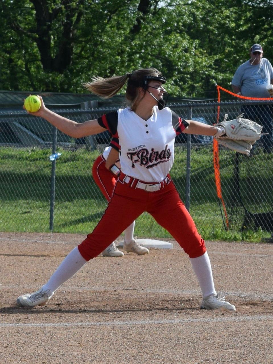 Eastern Greene's Jessica Hovious delivers a pitch during the Thunderbirds' loss to Dugger Union on May 17, 2022.