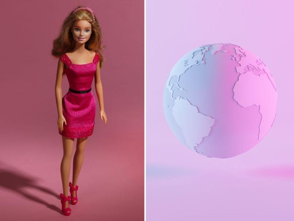 a barbie doll and a globe in shades of pink and red