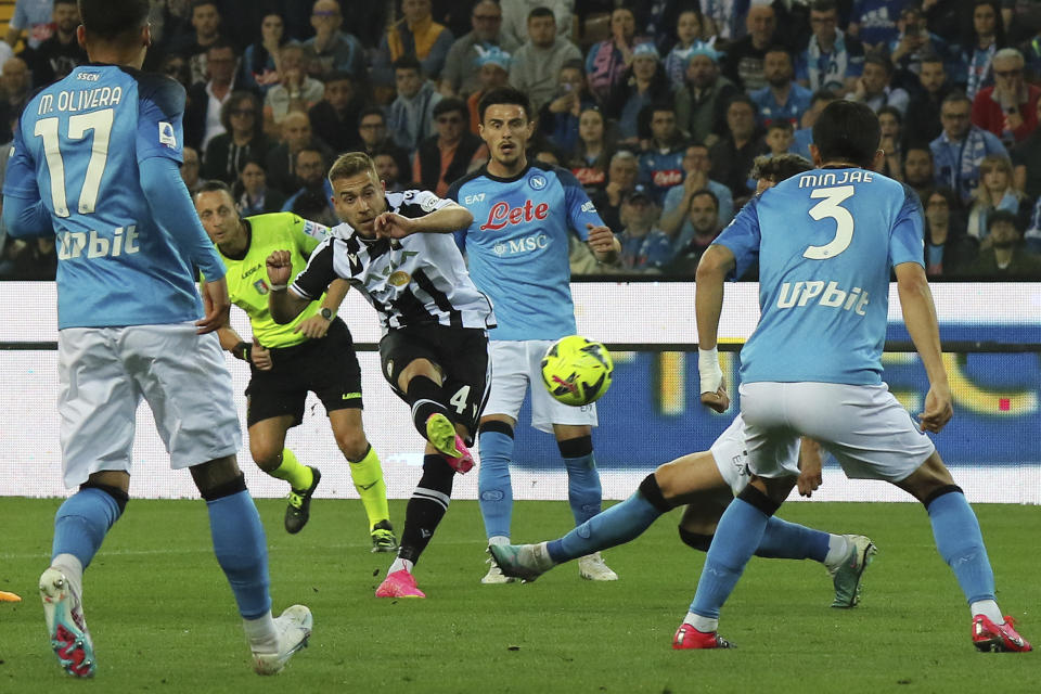 Udinese's Sandi Lovric scores his side's opening goal during the Serie A soccer match between Udinese and Napoli at the Dacia Arena in Udine, Italy, Thursday, May 4, 2023. (Andrea Bressanutti/LaPresse via AP)