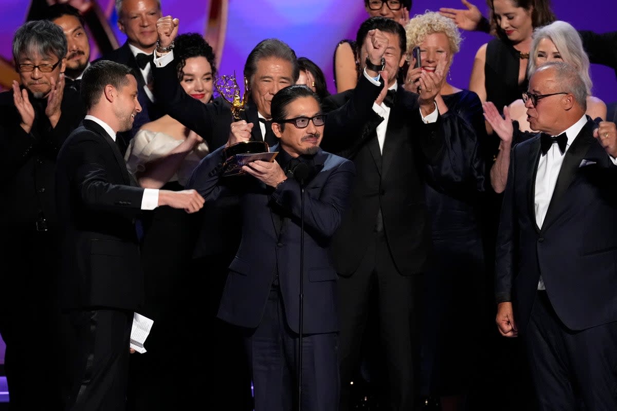 Justin Marks, left center, and Hiroyuki Sanada, center right, and the team from Shogun accepts the award for outstanding drama series during the 76th Primetime Emmy Awards (Chris Pizzello/AP) (AP)