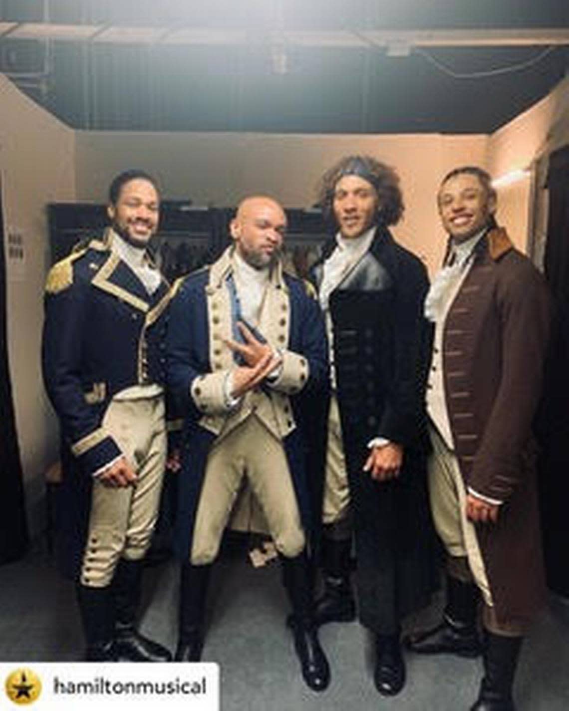 Charles Simmons, second from left, backstage with his “Hamilton” co-stars.