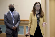 Bonnie Preston, acting regional director for HHS region 9 speaks to city officials before they tour the Long Beach Convention Center where migrant children found at the border without a parent will be temporarily housed, in Long Beach, Calif., Thursday, April 22, 2021. The center is able to house up to 1,000 children and the first children are expected to arrive today. (Brittany Murray/The Orange County Register via AP, Pool)