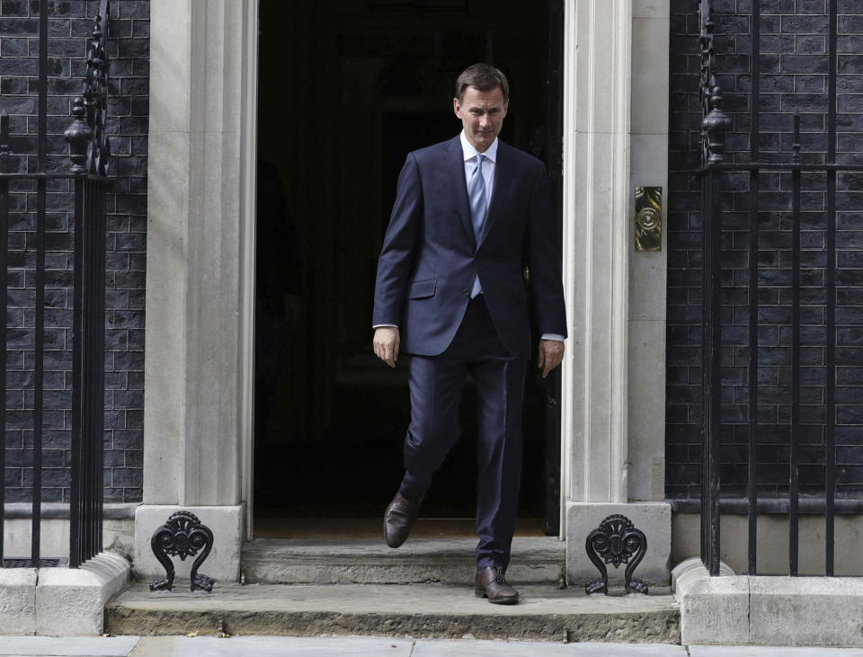 Britain's Foreign Secretary Jeremy Hunt leaves 10 Downing Street, following a meeting held over British oil tanker Stena Impero which was captured by Iran, Saturday July 20, 2019. Hunt has said Britain's response to Iran's seizure of a British-flagged ship in the Strait of Hormuz "will be considered but robust."(Aaron Chown/PA via AP)