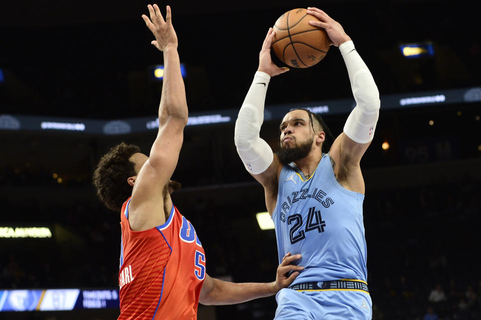 Memphis Grizzlies forward Dillon Brooks (24) shoots against Oklahoma City Thunder forward Jeremiah Robinson-Earl during the second half of an NBA basketball game Thursday, Dec. 2, 2021, in Memphis, Tenn. (AP Photo/Brandon Dill)