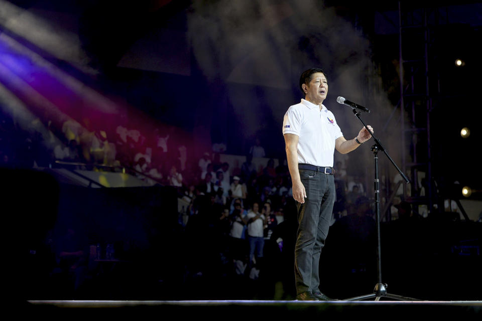 In this handout photo provided by the Malacanang Presidential Communications Office, Philippine President Ferdinand Marcos Jr. talks during a rally at Manila's Rizal Park, Philippines on Sunday Jan. 28, 2024. Former President Rodrigo Duterte is warning the country's current leader that he could be ousted like his father, the late dictator Ferdinand Marcos, if his legislative allies amend the constitution to lift term limits.(Malacanang Presidential Communications Office via AP)