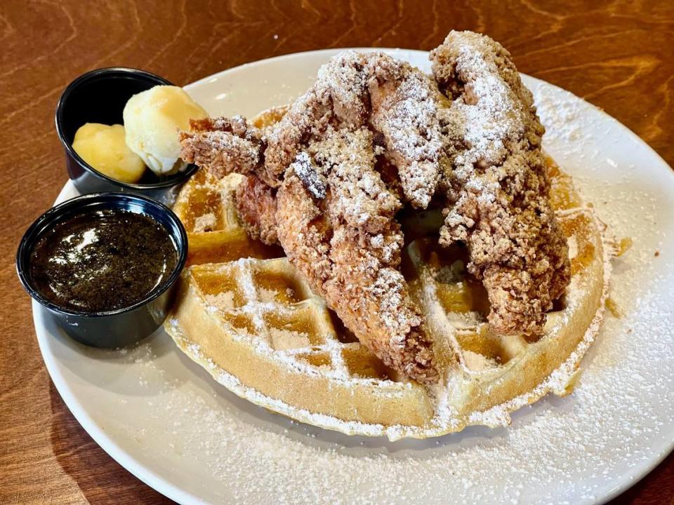 Goodwood Brewings offers three large and delectable pieces of some of the best moist, crispy fried chicken in Lexington with a sweet chipotle honey syrup over a fluffy waffle.
