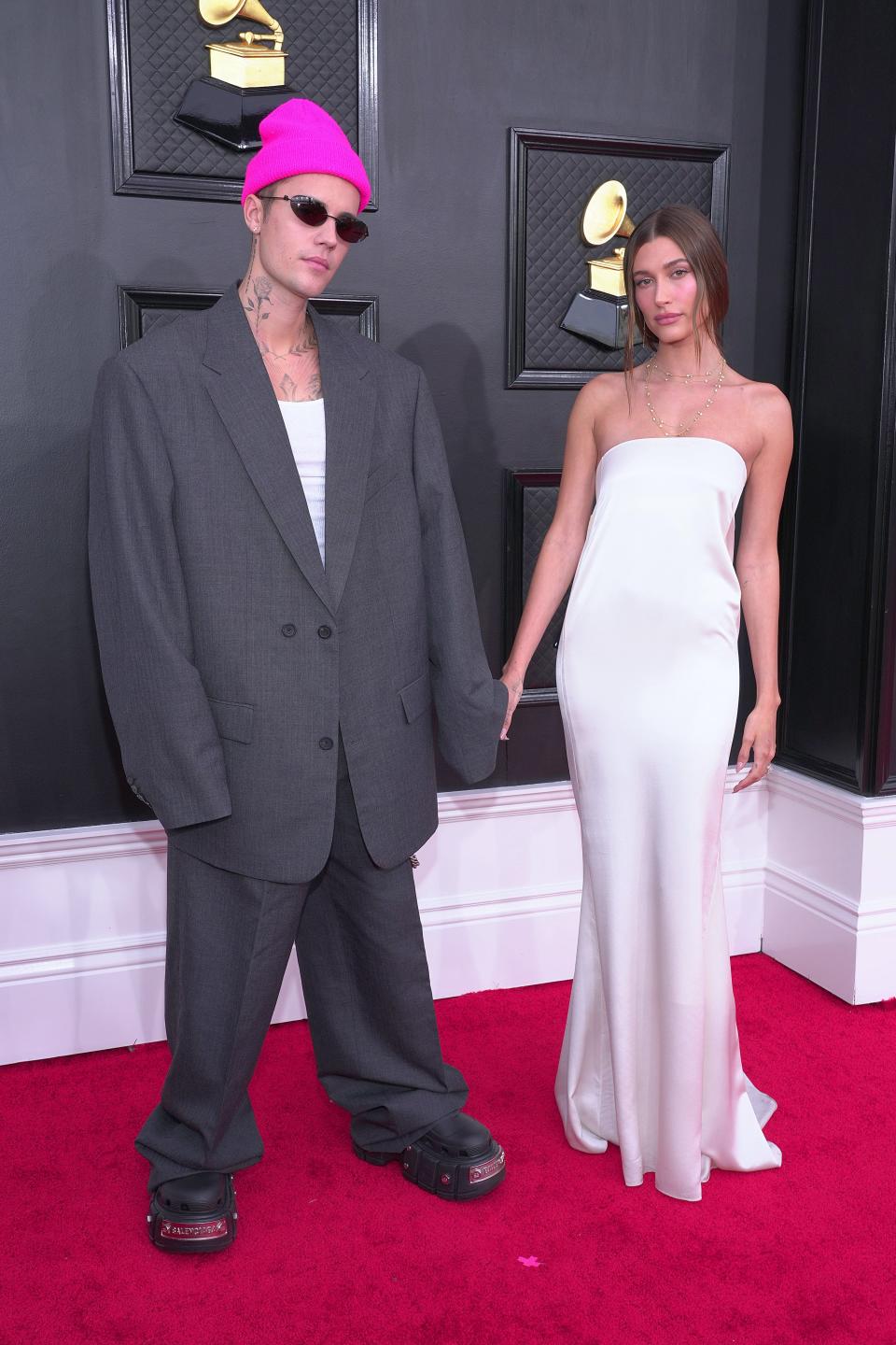 justin bieber and hailey bieber at the 2022 grammys