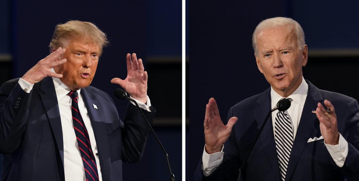 <span class="caption">This combination of Sept. 29, 2020, file photos show President Donald Trump, left, and former Vice President Joe Biden during the first presidential debate in Cleveland, Ohio. </span> <span class="attribution"><span class="source">(AP Photo/Patrick Semansky)</span></span>