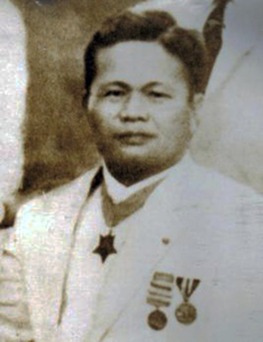 In this 1939 photo provided by the Trinidad family is Telesforo Trinidad in the Philippines. Asian Americans, veterans and civilians in the U.S. and the Philippines are campaigning to name a Navy warship for the Filipino sailor who bravely rescued two crew members when their ship caught fire more than century ago, earning him a prestigious and rare Medal of Honor. (Trinidad Family via AP)