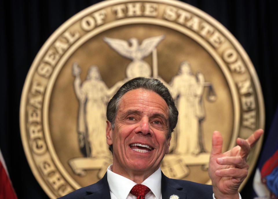 New York Gov. Andrew Cuomo speaks during a news conference at his offices, Wednesday, March 24, 2021, in New York. (Brendan McDermid/Pool Photo via AP)