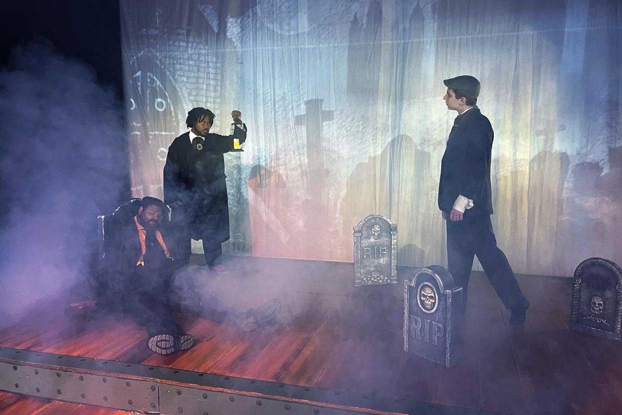 From left: Durdles (Charles Burden) has a nap in the graveyard as John Jasper (Kai Colson) and the Deputy (Matthew Kahn) investigate in Theatre Tallahassee's "Drood," running Aug 11 – Aug 28, 2022.