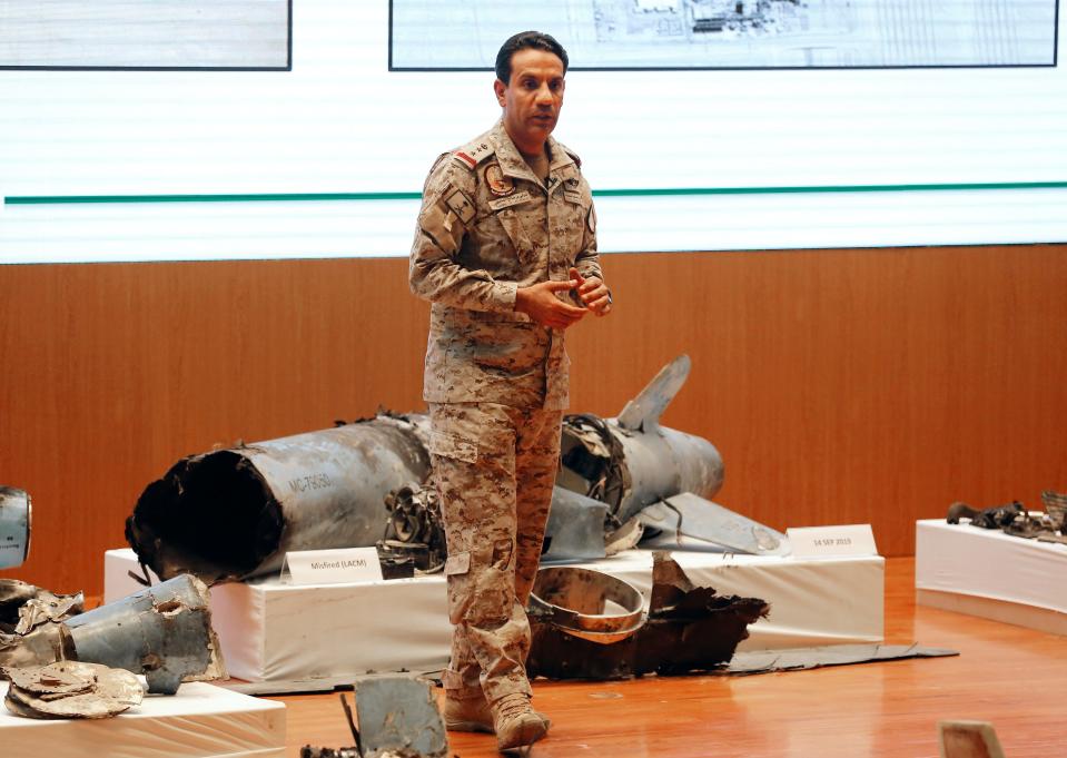 Saudi Col. Turki al-Malki on Sept. 18, 2019, in Riyadh with what he describes as weapons used in the attacks on Saudi Arabia’s oil facilities four days earlier.