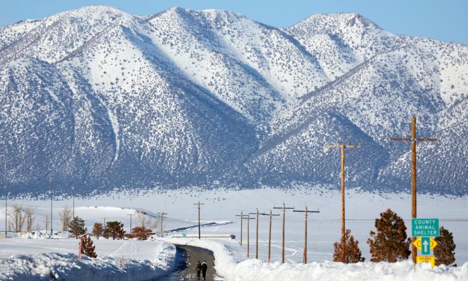 Snow seen in higher elevations on 27 March 2023 near Mammoth Lakes, California.