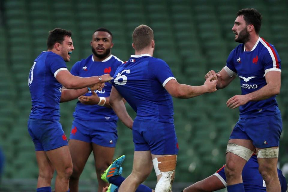 <p>France players celebrate on the final whistle in their Six Nations match against Ireland</p> (Getty)