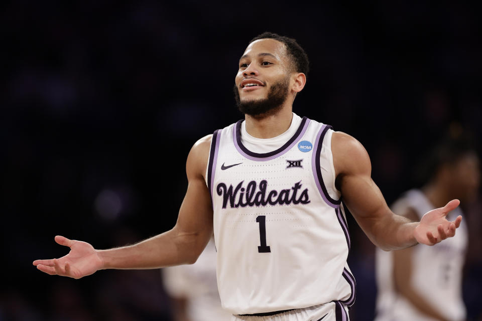 Kansas State's Markquis Nowell (1) reacts in the second half of an Elite 8 college basketball game against Florida Atlantic in the NCAA Tournament's East Region final, Saturday, March 25, 2023, in New York. (AP Photo/Adam Hunger)