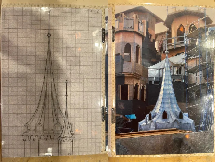 Photo of a sketch of the castle's spire next to the actual finished spire.