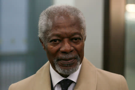 FILE PHOTO: Chair of the Africa Progress Panel, Kofi Annan, arrives for the media launch of the Africa Progress Report 2014 in London May 8, 2014. REUTERS/Stefan Wermuth/File Photo