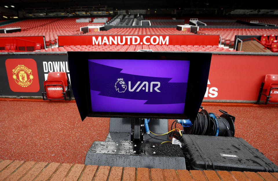 A VAR (Video assistant referee) monitor pitch side before the Premier League match at Old Trafford, Manchester. (Photo by Martin Rickett/PA Images via Getty Images)