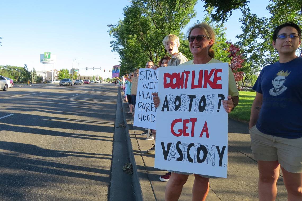 Shir Regev and hundreds of others on George Washington Way Friday as they protested the U.S. Supreme Court decision that overturned Roe v. Wade.