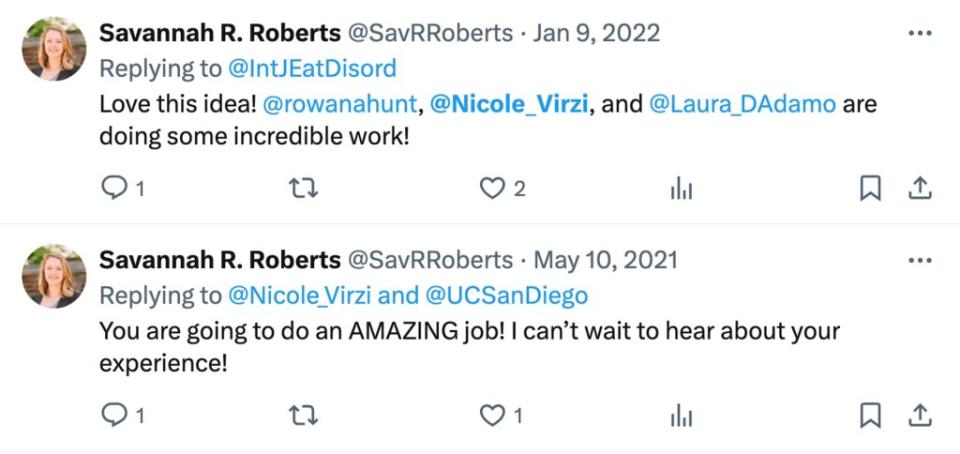 Tweets exchanged years ago with the mother of the twin babies, Savannah Roberts, and her friend and fellow clinical psychology candidate Nicole Virzi. Savannah Roberts/X