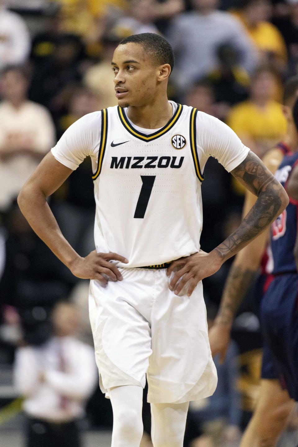 Missouri's Xavier Pinson walks up court after getting called for a technical foul during the first half of an NCAA college basketball game against Mississippi Tuesday, Feb. 18, 2020, in Columbia, Mo. (AP Photo/L.G. Patterson)