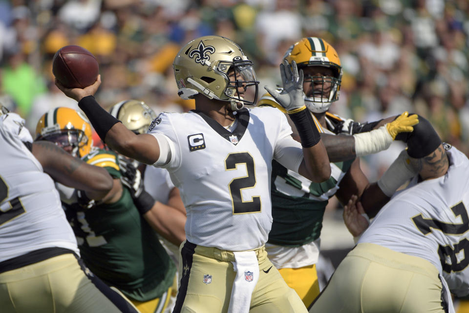 New Orleans Saints quarterback Jameis Winston (2) throws a pass during the first half of an NFL football game against the Green Bay Packers, Sunday, Sept. 12, 2021, in Jacksonville, Fla. (AP Photo/Phelan M. Ebenhack)