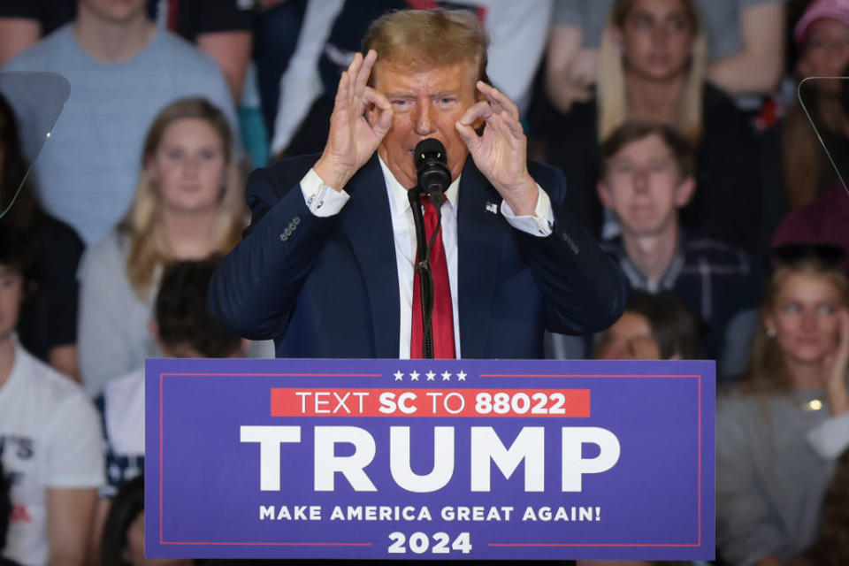 Former President Donald Trump speaks during a rally at Coastal Carolina University in Conway, South Carolina, on February 10, 2024. (Photo by Win McNamee/Getty Images)