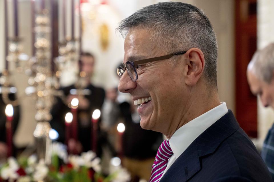 FILE - White House social secretary Carlos Elizondo speaks to members of the media during a media preview for the State Dinner with President Joe Biden and French President Emmanuel Macron in the State Dining Room of the White House in Washington, Nov. 30, 2022. (AP Photo/Andrew Harnik, File)