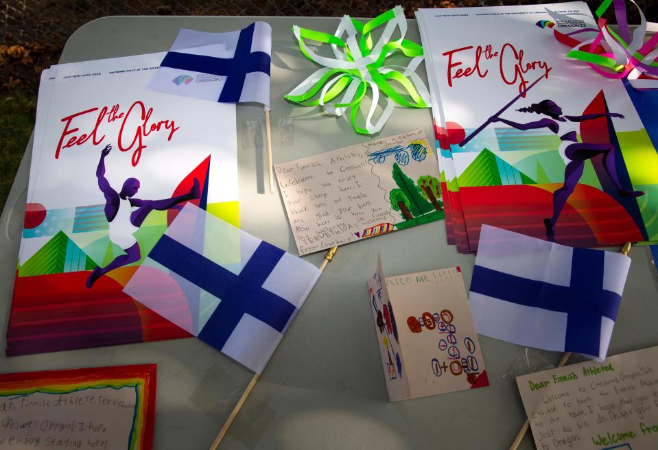 Notes and artwork created by Creswell school children join World Athletics Championships Oregon22 posters and flags of Finland at a welcome party on July 8 at Creswell High School track and field stadium.