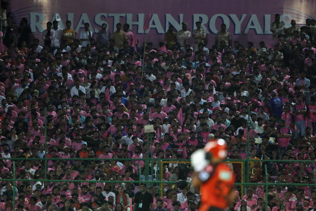 Rajasthan Royals' fans cheer their team during the Indian Premier League cricket match between Rajasthan Royals and Sunrisers Hyderabad in Jaipur, India, Sunday, May 7, 2023. (AP Photo/Surjeet Yadav)
