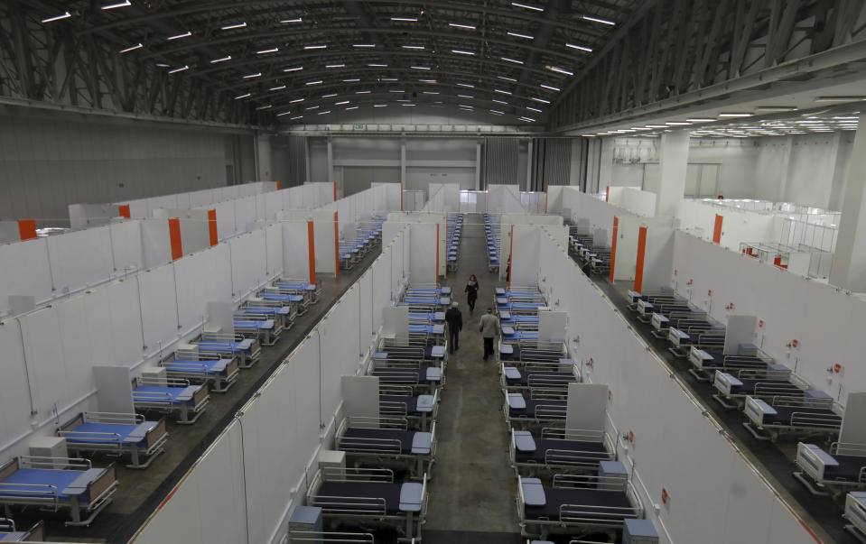 An aerial view shows a ward converted to a field hospital at the Cape Town International Convention Centre, in Cape Town, South Africa, Tuesday, May 26, 2020. With dramatically increased community transmissions of coronavirus , Cape Town has become the center of the outbreak in South Africa and the continent. (AP Photo/Nardus Engelbrecht)