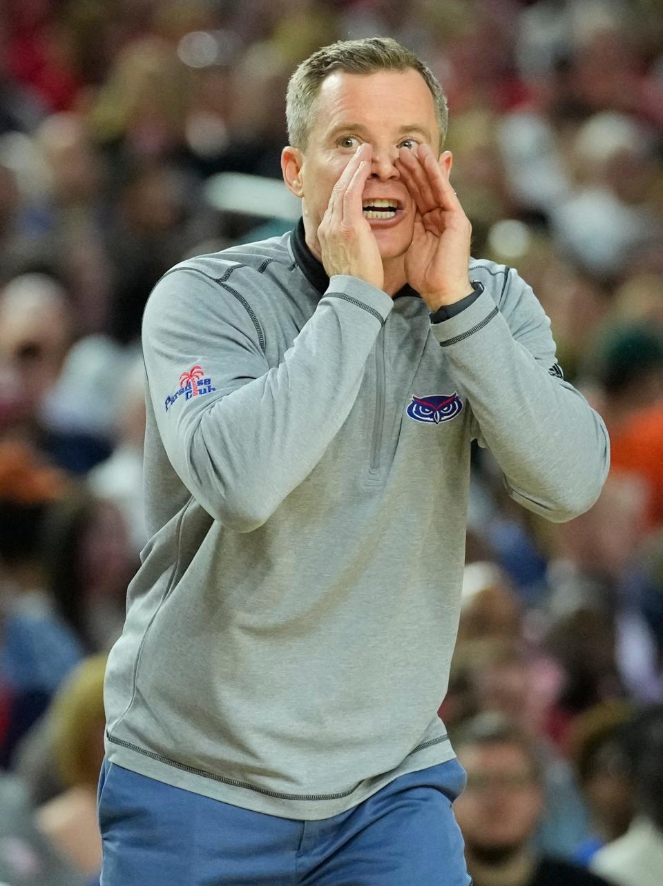 Apr 1, 2023; Houston, TX, USA; Florida Atlantic Owls head coach Dusty May reacts against the San Diego State Aztecs in the semifinals of the Final Four of the 2023 NCAA Tournament at NRG Stadium. Mandatory Credit: Robert Deutsch-USA TODAY Sports