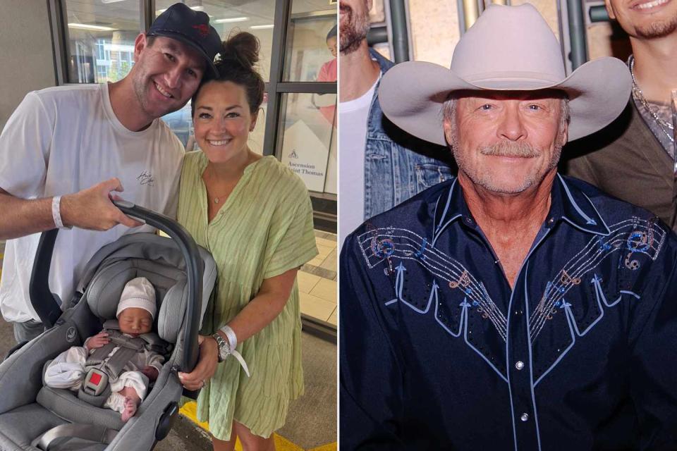 <p>Mattie Jackson Smith/Instagram; Catherine Powell/Getty</p> Mattie Jackson and Connor Smith with newborn (L), Alan Jackson (R)