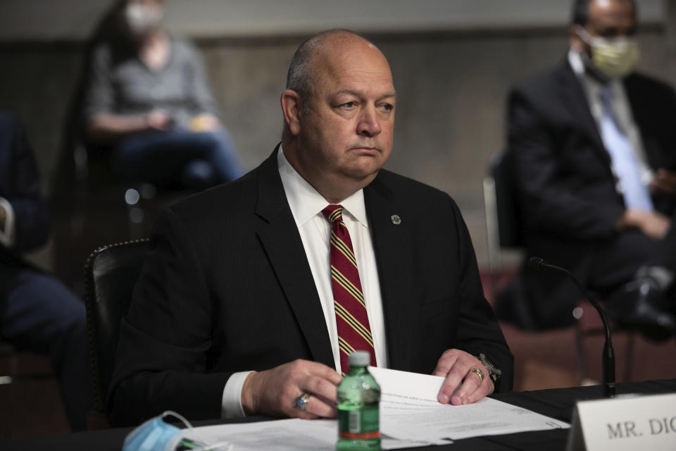 Federal Aviation Administration administrator Stephen Dickson prepares to testify during a hearing of the Senate Commerce, Science, and Transportation Committee on Capitol Hill on Wednesday, June 17, 2020, in Washington. (Graeme Jennings/Pool via AP)