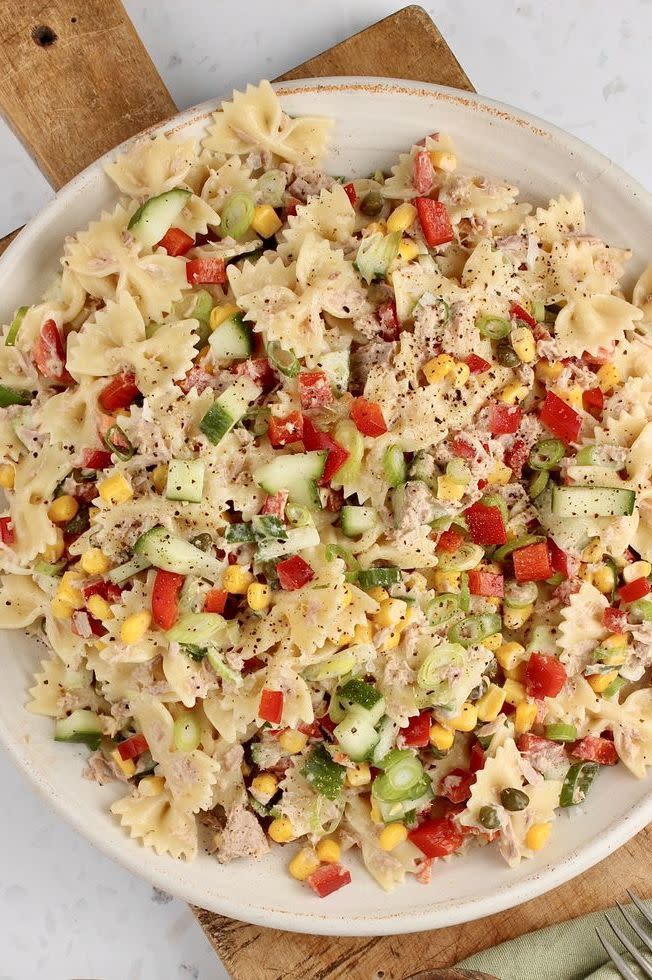 <p>This classic tuna <a href="https://www.delish.com/uk/cooking/recipes/a29260396/chicken-caesar-pasta-salad-recipe/" rel="nofollow noopener" target="_blank" data-ylk="slk:pasta salad;elm:context_link;itc:0;sec:content-canvas" class="link ">pasta salad</a> is so tasty and keeps really well in the fridge, perfect for <a href="https://www.delish.com/uk/cooking/recipes/g31665635/batch-cooking-recipes/" rel="nofollow noopener" target="_blank" data-ylk="slk:batch cooked;elm:context_link;itc:0;sec:content-canvas" class="link ">batch cooked</a> lunches.</p><p>Get the <a href="https://www.delish.com/uk/cooking/recipes/a35901399/tuna-pasta-salad/" rel="nofollow noopener" target="_blank" data-ylk="slk:Tuna Pasta Salad;elm:context_link;itc:0;sec:content-canvas" class="link ">Tuna Pasta Salad</a> recipe.</p>